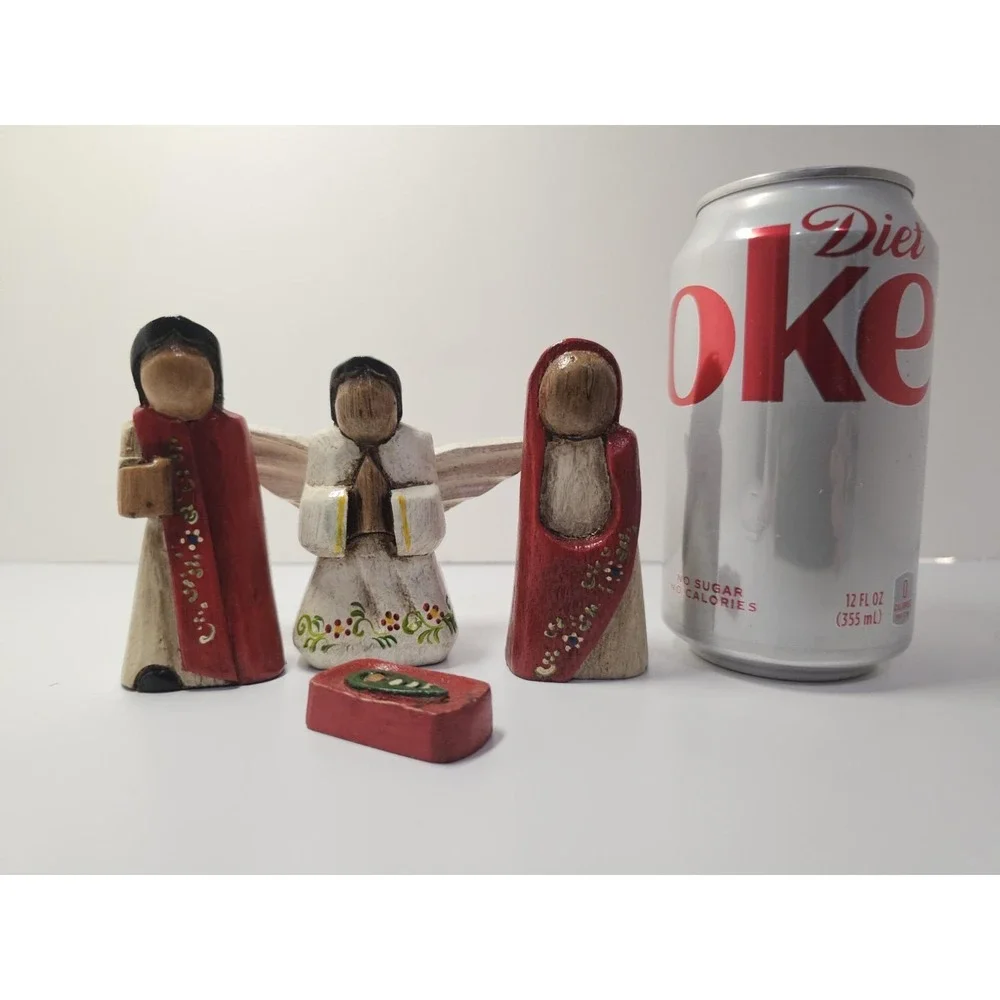 Artisan Wooden Hand Painted & Glazed Nativity Scene Set Mary Joseph Jesus Angel